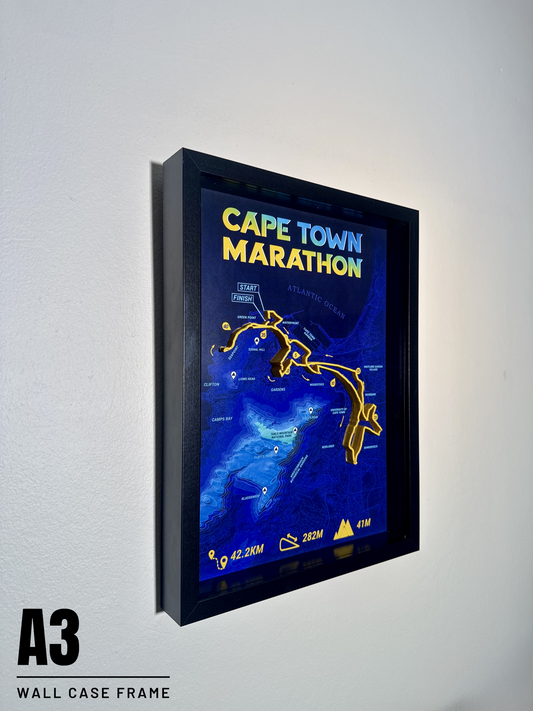 Framed 3D A3 map of Cape Town Marathon on a white wall